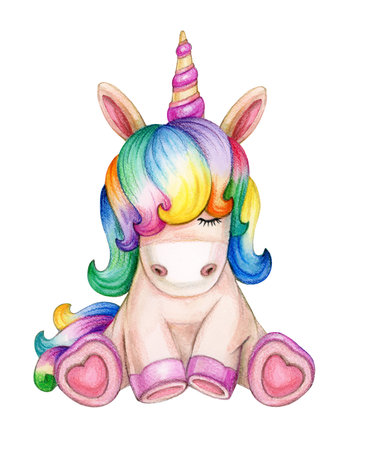 Cute sitting unicorn cartoon, isolated on white.の写真素材