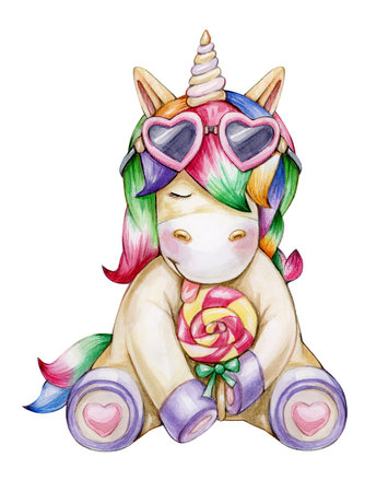 Cute unicorn  cartoon,  solated on white. Watercolor illustration.の写真素材