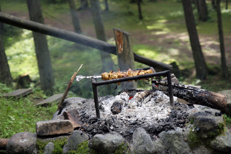 Prepared meat above the fireの写真素材