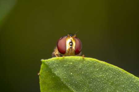 Hover-fly sitting on a green leaf full of eggs and curiously peaking out of the leaf - bottom up...