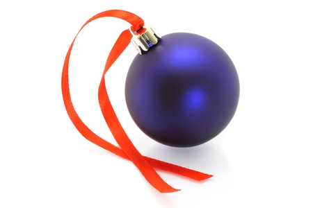 Blue Christmas ball with ribbon on white background の写真素材