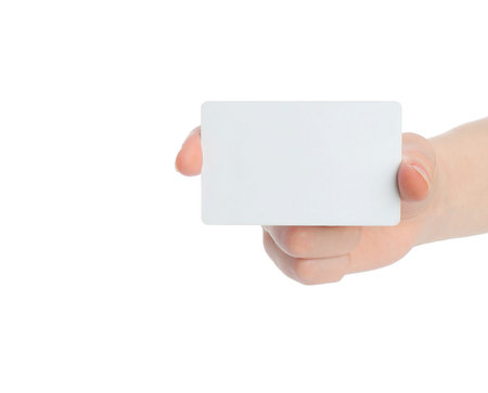 Hand holds charge card on white background