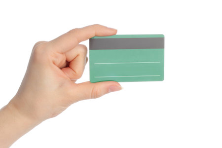 Hand holds charge card on white background