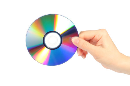 Hand with cd disc on white background 