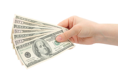 Woman hand with money on white background