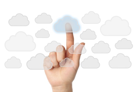 Cloud computing concept with hand on white background の写真素材