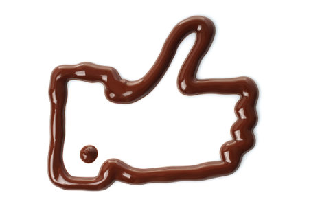 Thumb up hand made of melted chocolate on white backgroundの写真素材