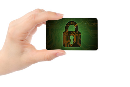 Hand with digital card and closed lock on white background
