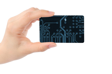 Hand with digital card on white background