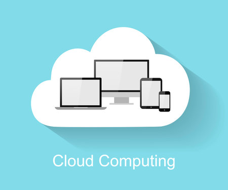 Cloud computing concept with big flat cloud, tablet PC, notebook, smart phone and computer with long...