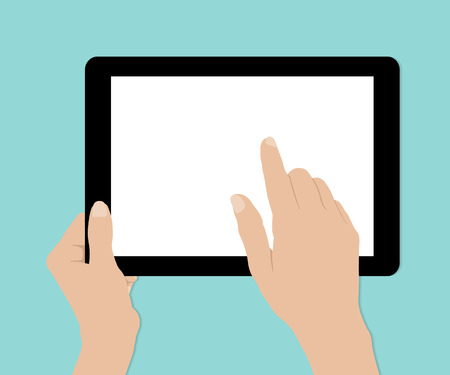 Woman hands hold and touch tablet PC on turquiose background, vectorのイラスト素材