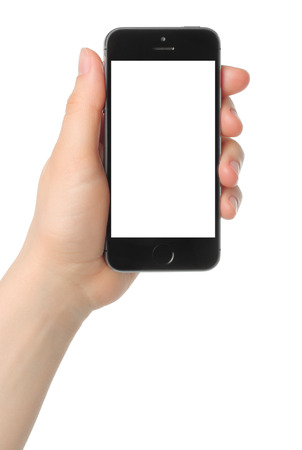 KIEV, UKRAINE - MARCH 7, 2015:Hand holds iPhone 5s Space Gray on white background.iPhone is a line of smartphones designed by Apple Inc.のeditorial素材