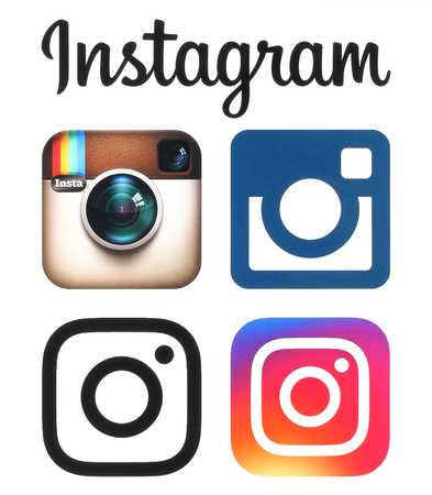 Kiev, Ukraine- May 16, 2016: Instagram old and new logos and icons printed on white paper. Instagram is an online mobile photo-sharing, video-sharing service.のeditorial素材