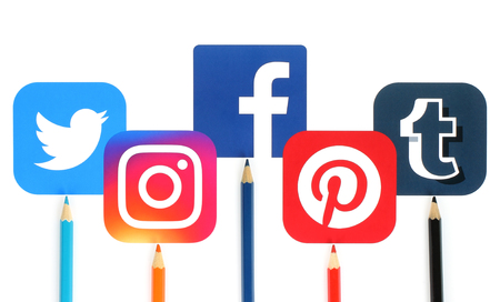 Kiev, Ukraine - June 25, 2016: Concept of popular social media icons printed on paper with color pencils: Facebook, Pinterest, Tumblr, Instagram, Twitterのeditorial素材