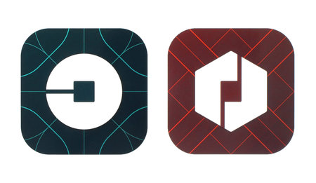 Kiev, Ukraine - October 28, 2016: Collection of popular travel icons printed on paper: Uber and Driverのeditorial素材