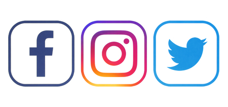 Kiev, Ukraine - April 23, 2018: Facebook, Twitter and Instagram logos printed on white paper