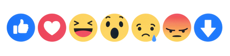 Kiev, Ukraine - November 28, 2018: New Facebook like button 7 Empathetic Emoji Reactions printed on white paper. Facebook tests new Downvote buttonのeditorial素材