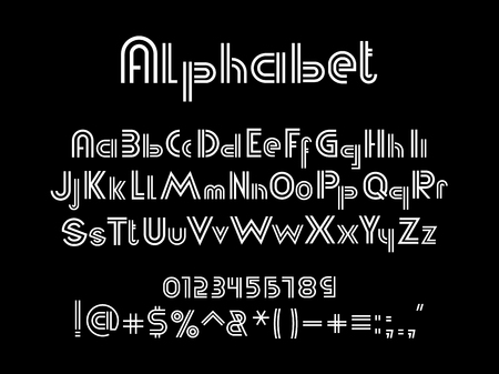 White alphabet font. White uppercase, lowercase letters and numbers on black background, vector illustrationのイラスト素材