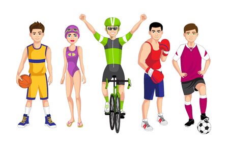 Set of people related to the different sports such as basketball, swimming, cycling, boxing and soccer, vector illustrationのイラスト素材