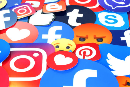 Kiev, Ukraine - November 27, 2019: Background of famous social media icons such as: Facebook,...