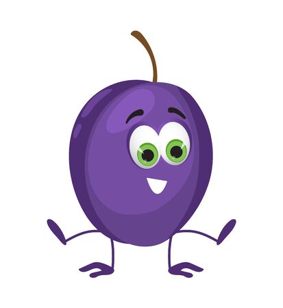 Funny Plum with eyes. Cartoon funny fruits characters flat vector illustrationのイラスト素材
