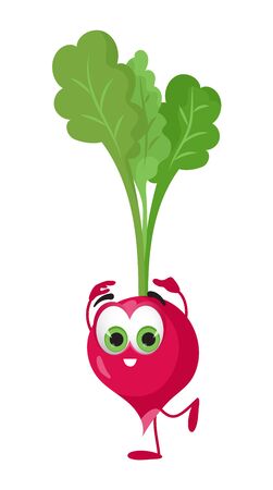 Funny Radish with eyes on white background. Cartoon funny vegetables characters flat vector illustrationのイラスト素材