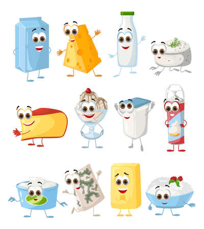 Set of Funny Milk Products with eyes on white background, funny products series, flat vector illustrationのイラスト素材