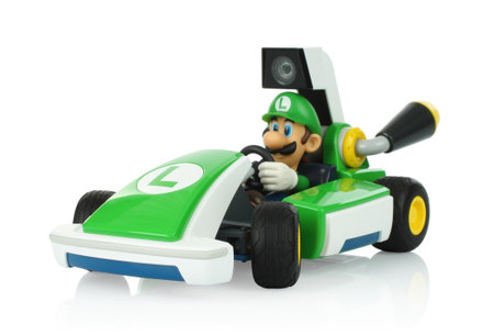 December 28, 2020: Toy kart from Mariokart Live Home Circuit video game, Luigi set, on white backgorund. Mariokart Live Home Circuit is video game developed and published by Nintendoのeditorial素材