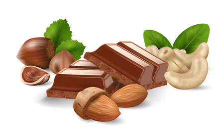 Broken chocolate bars with mix of nuts on white background, realistic vector illustration close-upのイラスト素材
