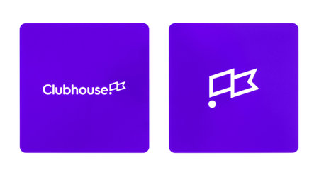 Kiev, Ukraine - March 24, 2021: Set of Clubhouse icons, printed on white paper. Clubhouse is an...