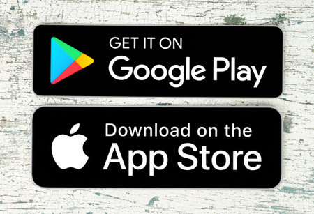 Kiev, Ukraine - February 17, 2021: Download on the App Store and Get it on Google Play black button...