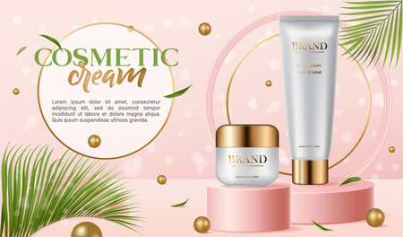 Banner of Skin care cosmetics on podium with green leves, realistic vector illustration close-upのイラスト素材