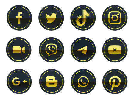 Kiev, Ukraine - September 27, 2021: Set of popular Social Media golden circle icons: Facebook,...