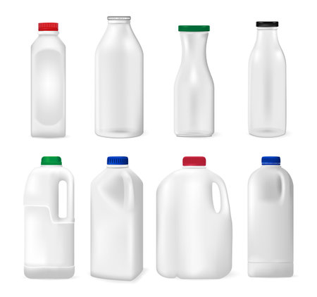 Set of Bottles for milk, juice or something else, on white background. Realistic vector illustrationのイラスト素材