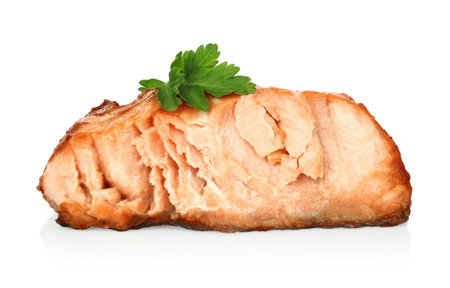 Bitted fry Salmon fish steak whith green scum, on white background close-upの写真素材