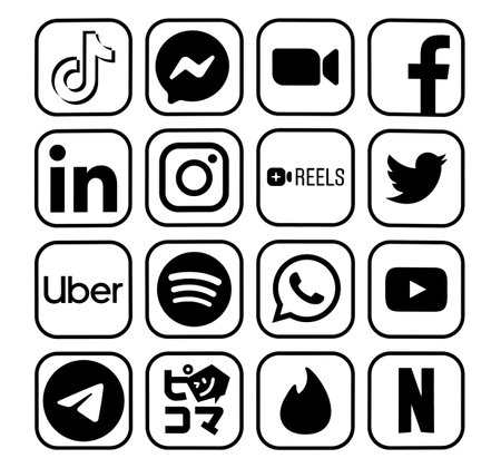 Set of new popular black mobile apps icons: TikTok, Messenger, Zoom, Facebook and othersのeditorial素材