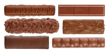 Set of Different Chocolate Bars, top view, isolated on white backgroundの写真素材