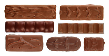 Set of Different Chocolate Bars, top view, isolated on white backgroundの写真素材