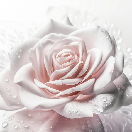 White wedding Rose flower with waters drops, dew on a rose, wedding holiday concept, realistic photo illustration, generative aiの素材