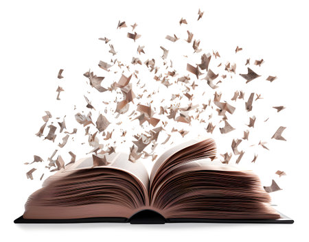Open book with flying pages white background, flying knowledge concept, realistic 3D illustration, generative aiの素材