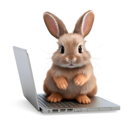 Cute rabbit with laptop computer on white background, internet technology concept, realistic 3D illustration, generative aiの素材