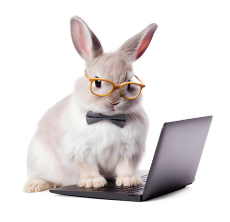 Cute rabbit with laptop computer on white background, internet technology concept, realistic 3D illustration, generative aiの素材