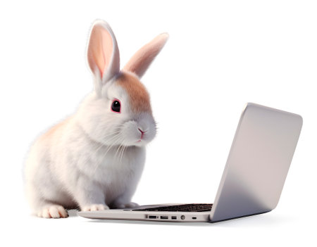 Cute rabbit with laptop computer on white background, internet technology concept, realistic 3D illustration, generative aiの素材
