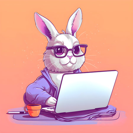 Cute rabbit with laptop computer on white background, internet technology concept, flat style illustration, generative aiの素材