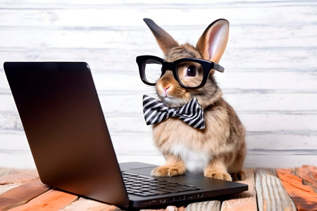 Cute rabbit with laptop computer on white background, internet technology concept, realistic 3D illustration, generative aiの素材