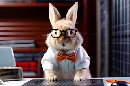 Cute rabbit with laptop computer on white background, internet technology concept, realistic 3D illustration, generative aiの素材