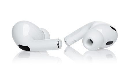 Kiev, Ukraine - June 10, 2023: Headphones Apple Air Pods Pro 2 on white background, front view. AirPods are wireless Bluetooth earbuds designed by Apple Inc.のeditorial素材