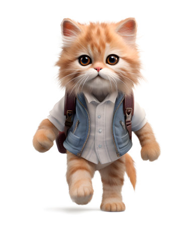 Cute Schoolboy Cat dressed in school uniform walking to the school, isolated on a white background, cute and funny cats concept, realistic design illustration, generative aiの素材