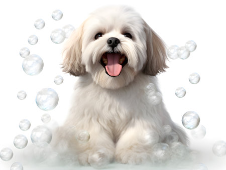 Cute little Shih-Tzu dog with foam bubbles, on a white background, cute pet concept, realistic 3D illustration, generative aiの素材