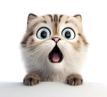 Cute cat with shocked face, isolated on a white background, funny pets concept, realistic illustration in doodles design, generative aiの素材